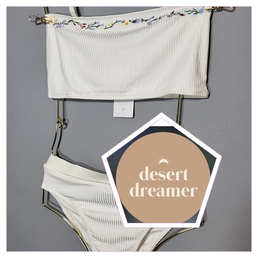 UO x DESERT DREAMER Laguna Band Top White Ribbed Bikini Large Bottom X-Large Top
